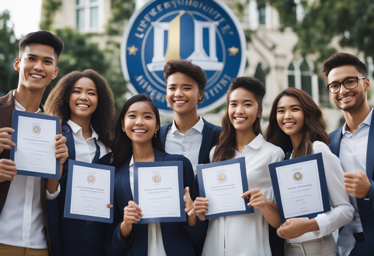 A group of students celebrate receiving Aletheia University scholarships, holding award certificates and smiling in front of the university's emblem