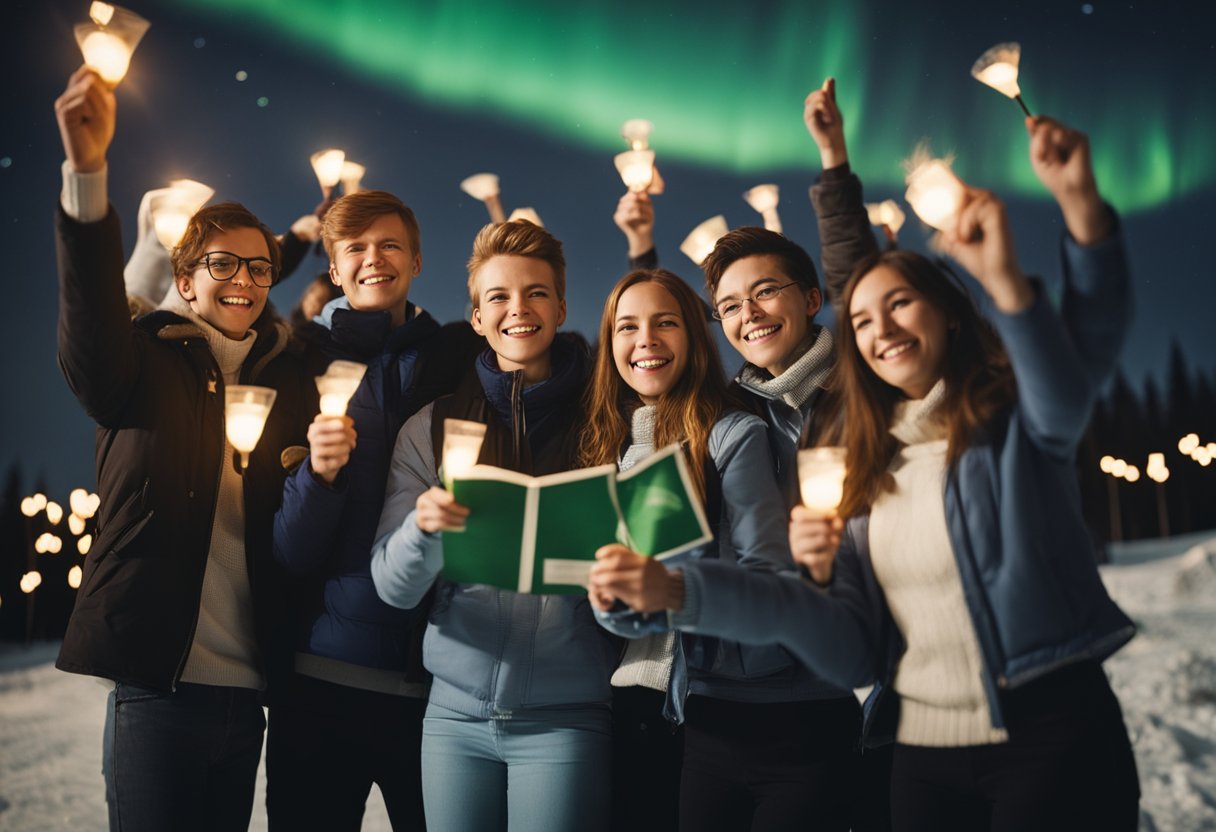 A group of students celebrating under the northern lights with Finnish flags and scholarship certificates in hand