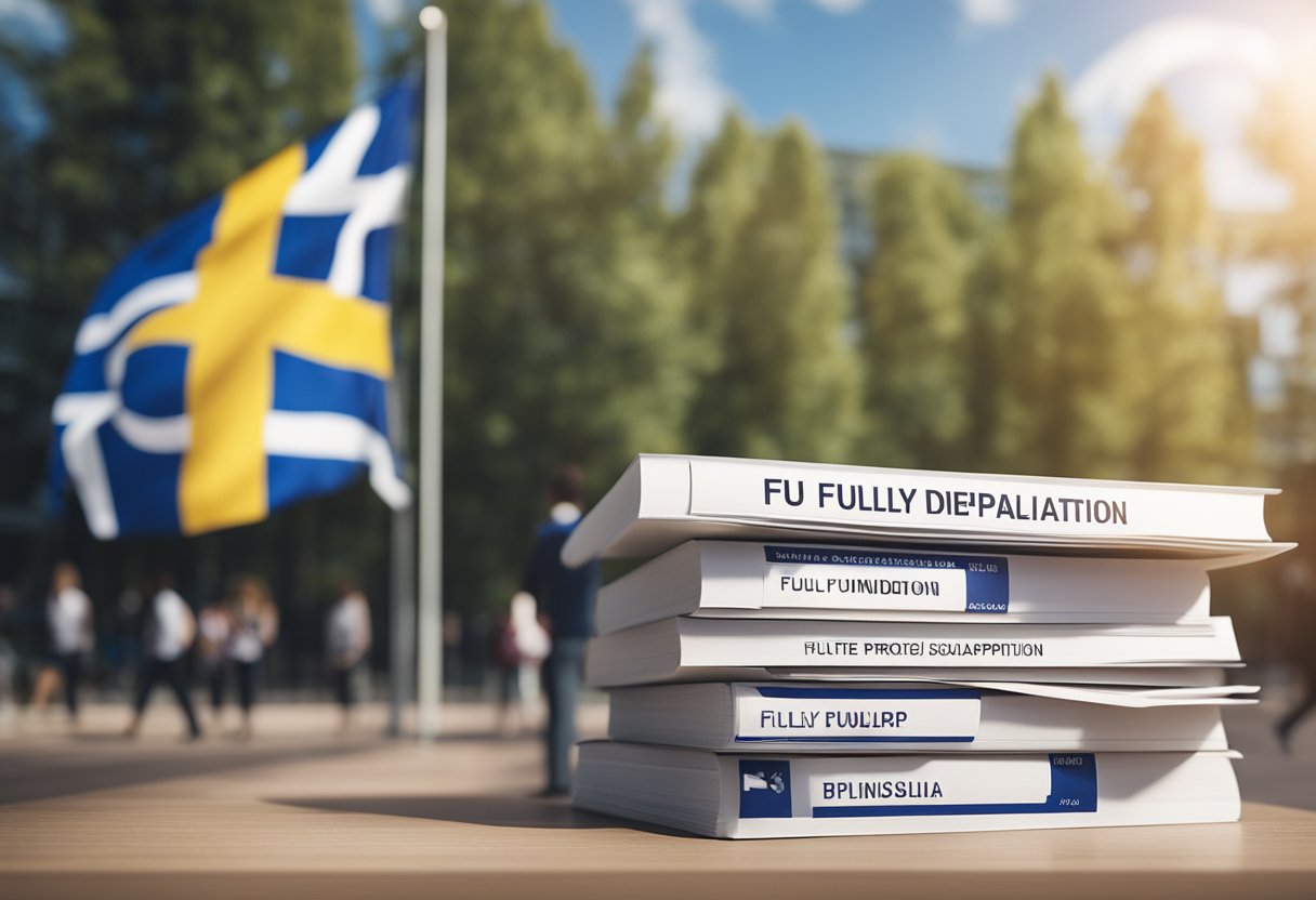 A stack of scholarship applications with "Fully Funded" stamped on them, set against a backdrop of the Finnish flag and a university campus