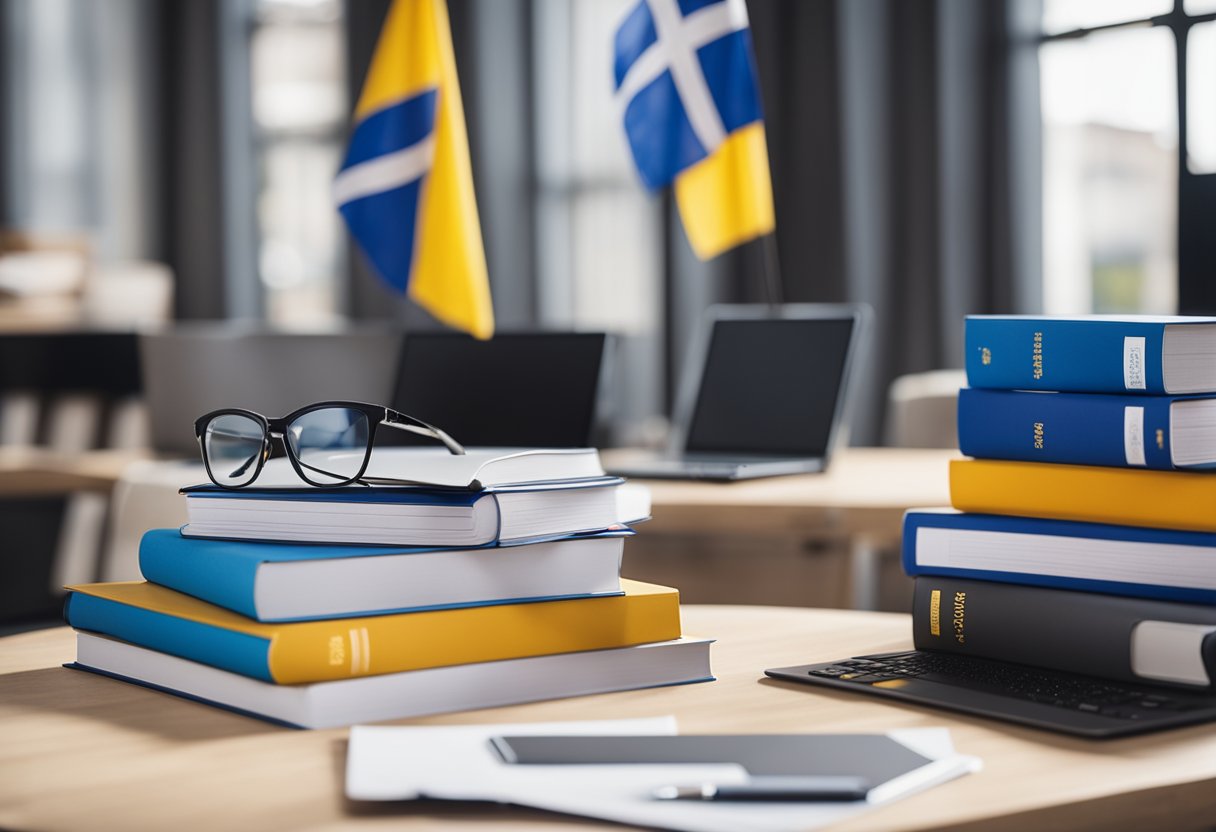 A stack of colorful scholarship application forms and a Finnish flag, surrounded by books and a laptop, with a "2024 Fully Funded" banner