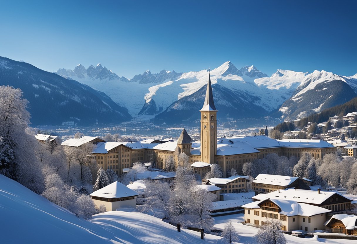 A picturesque Swiss landscape with a prominent university building, surrounded by snow-capped mountains and a clear blue sky