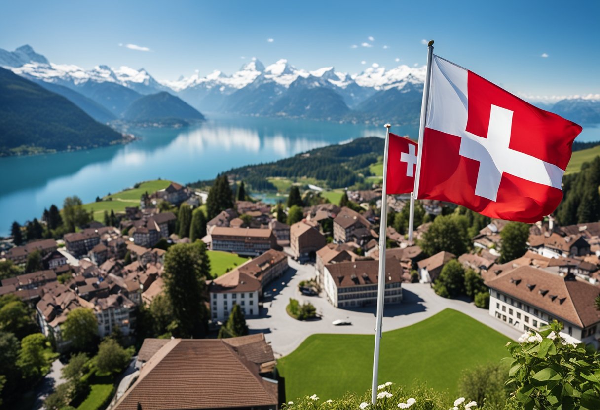 A Swiss flag waving in front of a picturesque Swiss landscape with mountains, lakes, and a university campus in the background