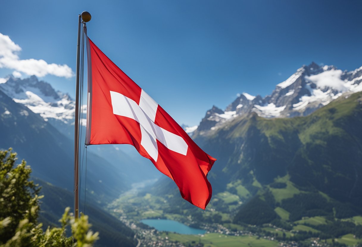 A Swiss flag waving in the breeze against a backdrop of the Swiss Alps and a clear blue sky