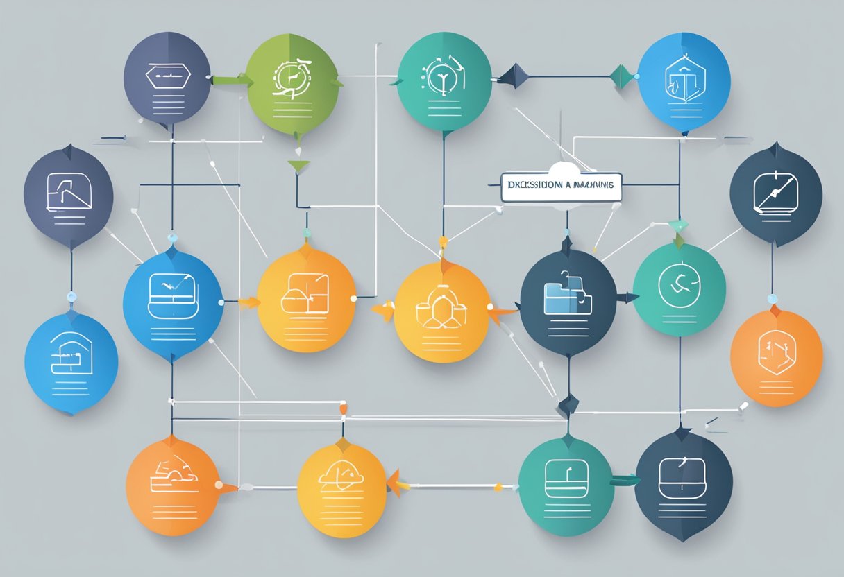 A flowchart with various decision nodes and connecting arrows, representing the decision-making framework