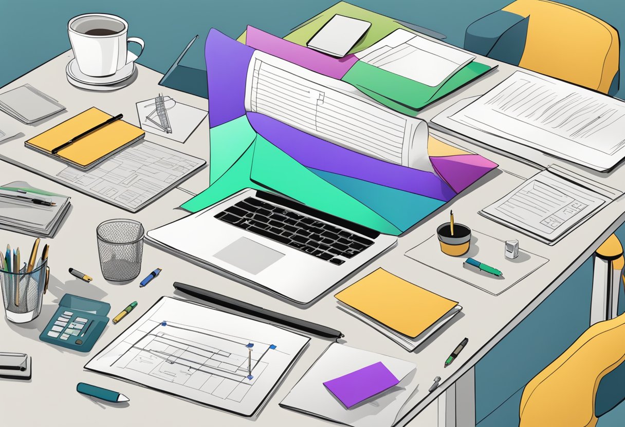 A table with various decision-making models and frameworks spread out, surrounded by pens, papers, and a laptop