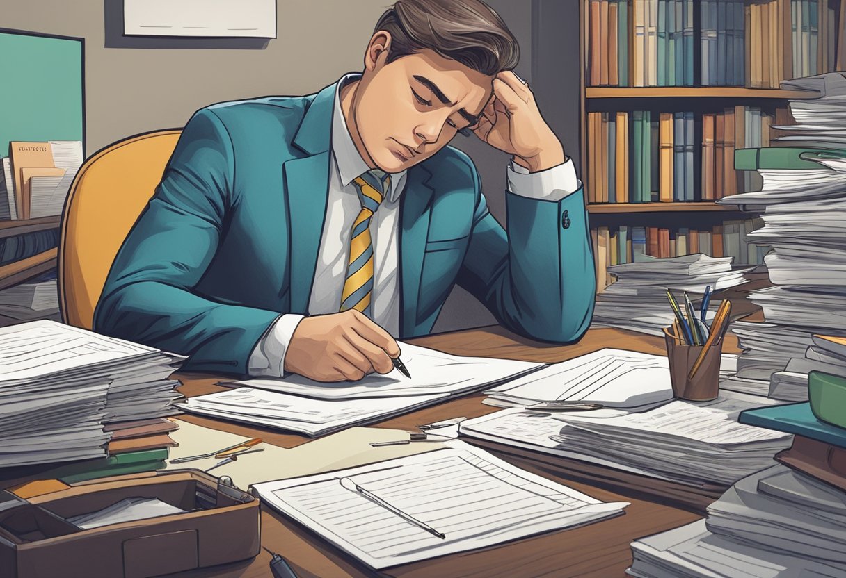A person sitting at a desk, surrounded by papers and pens, deep in thought with a furrowed brow, weighing options and making a decision