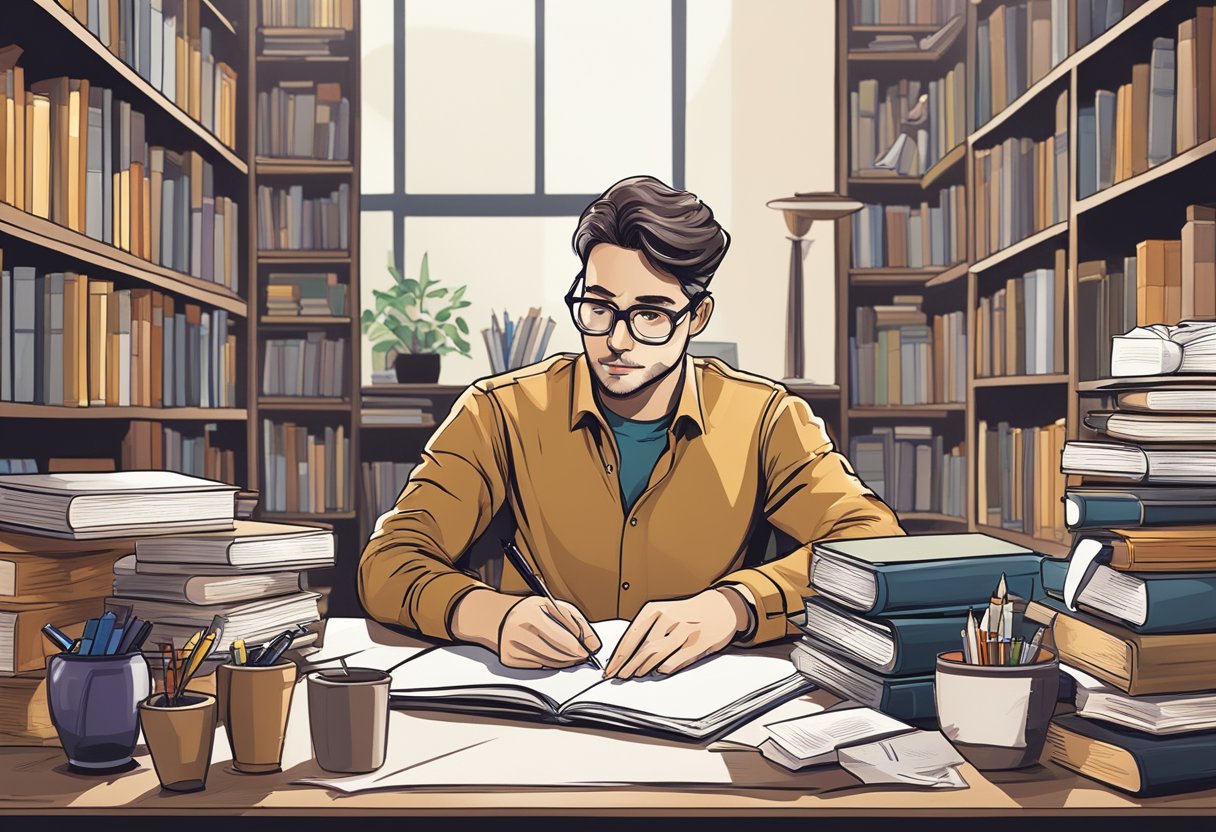 A person sitting at a desk with a pen and paper, deep in thought, surrounded by books and research materials