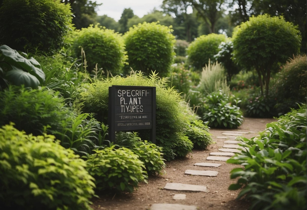 Lush greenery surrounds a sign labeled "Specific Plant Types and Their Care." A variety of plants, from delicate flowers to sturdy shrubs, are on display. The scene exudes a sense of tranquility and natural beauty, inviting viewers to explore