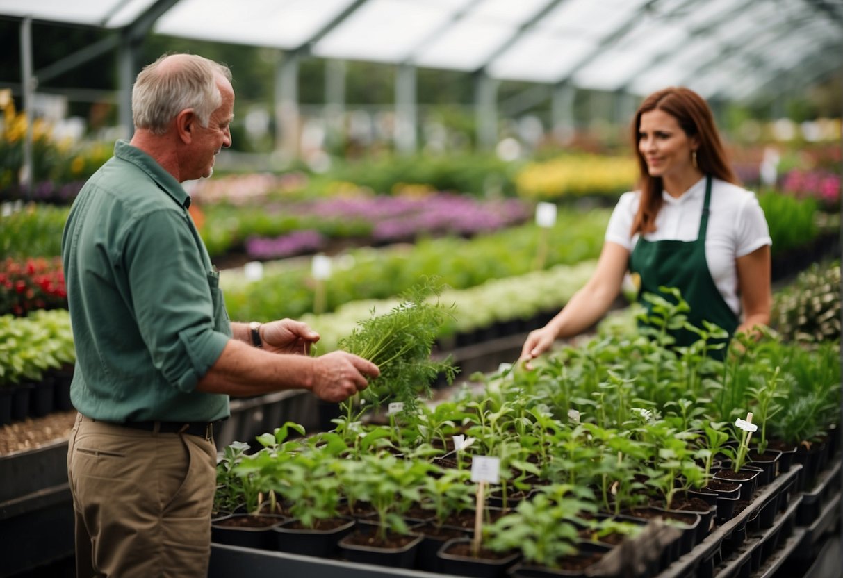A garden nursery with rows of diverse plants, a horticulturist advising a customer, and a sign displaying plant care tips for an Irish climate