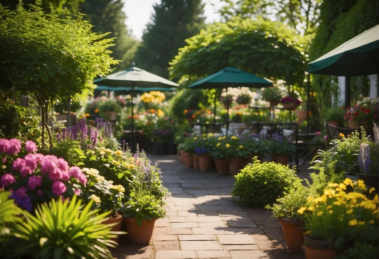 Lush green garden with colorful flowers, a variety of plants, and a mix of sun and shade. A garden center sign and helpful staff assisting customers