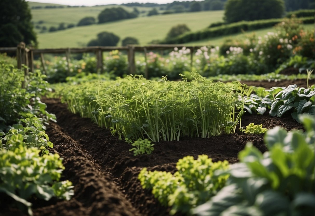 Lush green garden with rich soil, surrounded by rolling hills and a quaint Irish countryside backdrop. Various vegetables and herbs thrive in the well-tended patch