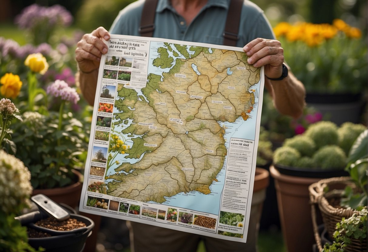 A gardener holds a map of Ireland, surrounded by seed packets and gardening tools. They ponder questions to ask a nearby gardening service before starting a vegetable patch