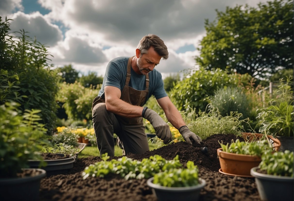 A gardener prepares soil, selects seeds, and plants a vegetable patch in a lush Irish garden, surrounded by greenery and under a cloudy sky
