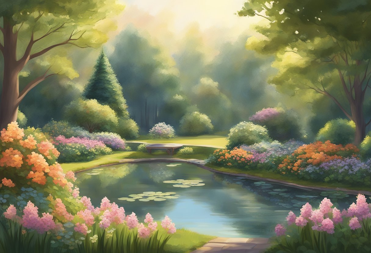 A serene garden with blooming flowers and a peaceful pond, surrounded by tall trees and bathed in warm sunlight