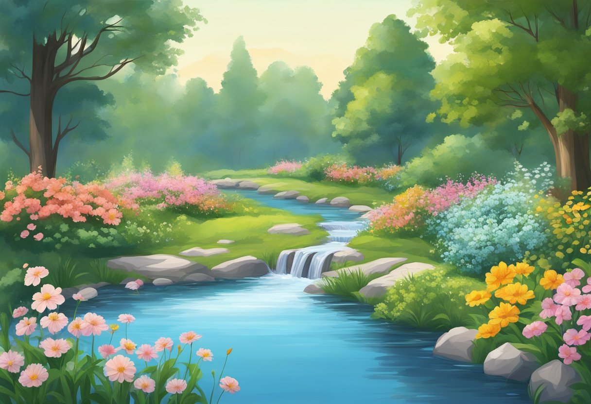 A serene garden with blooming flowers and a gentle stream, surrounded by tall trees and a clear blue sky