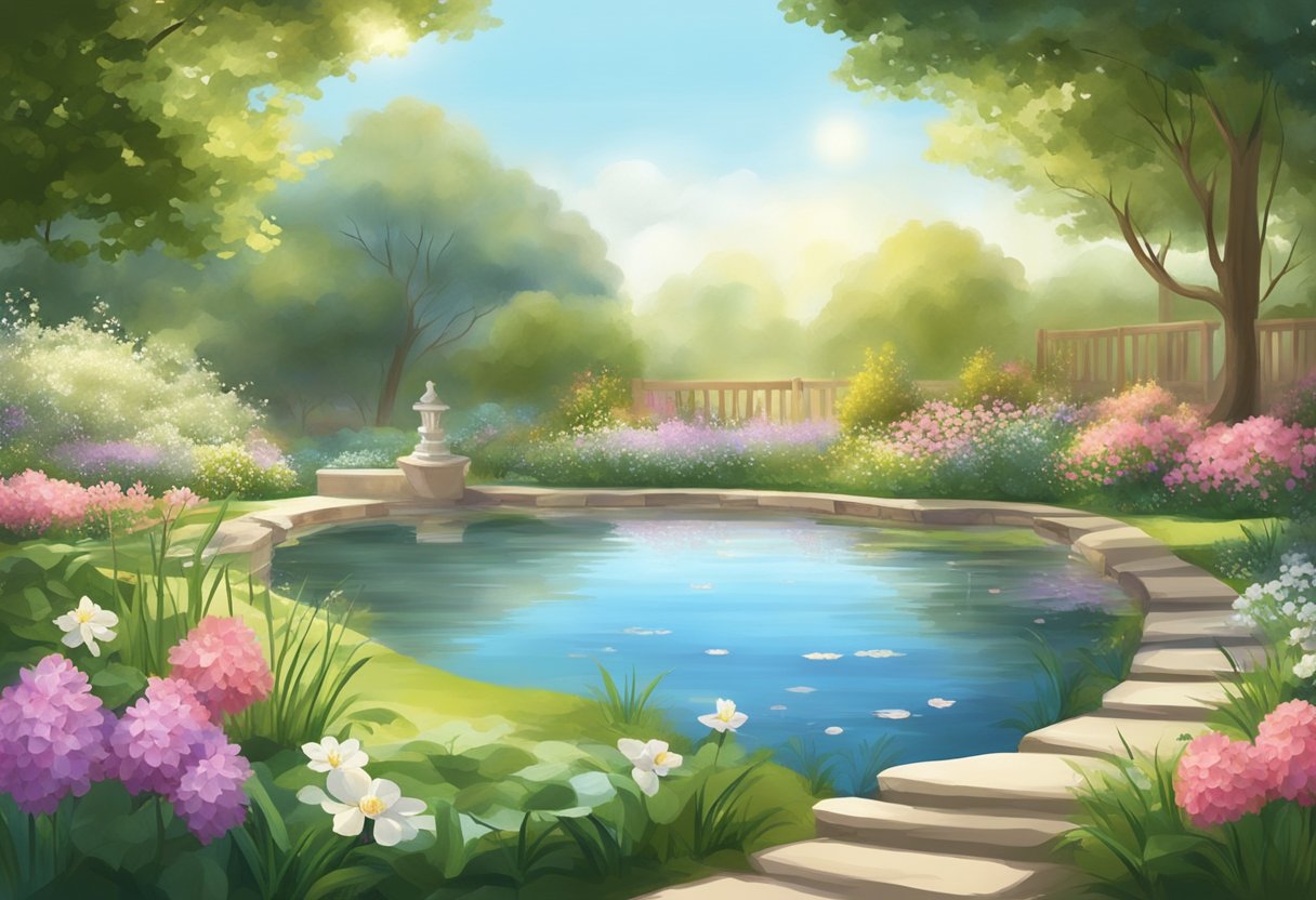 A serene garden with blooming flowers and a peaceful pond, surrounded by gentle sunlight and a feeling of calmness and healing energy