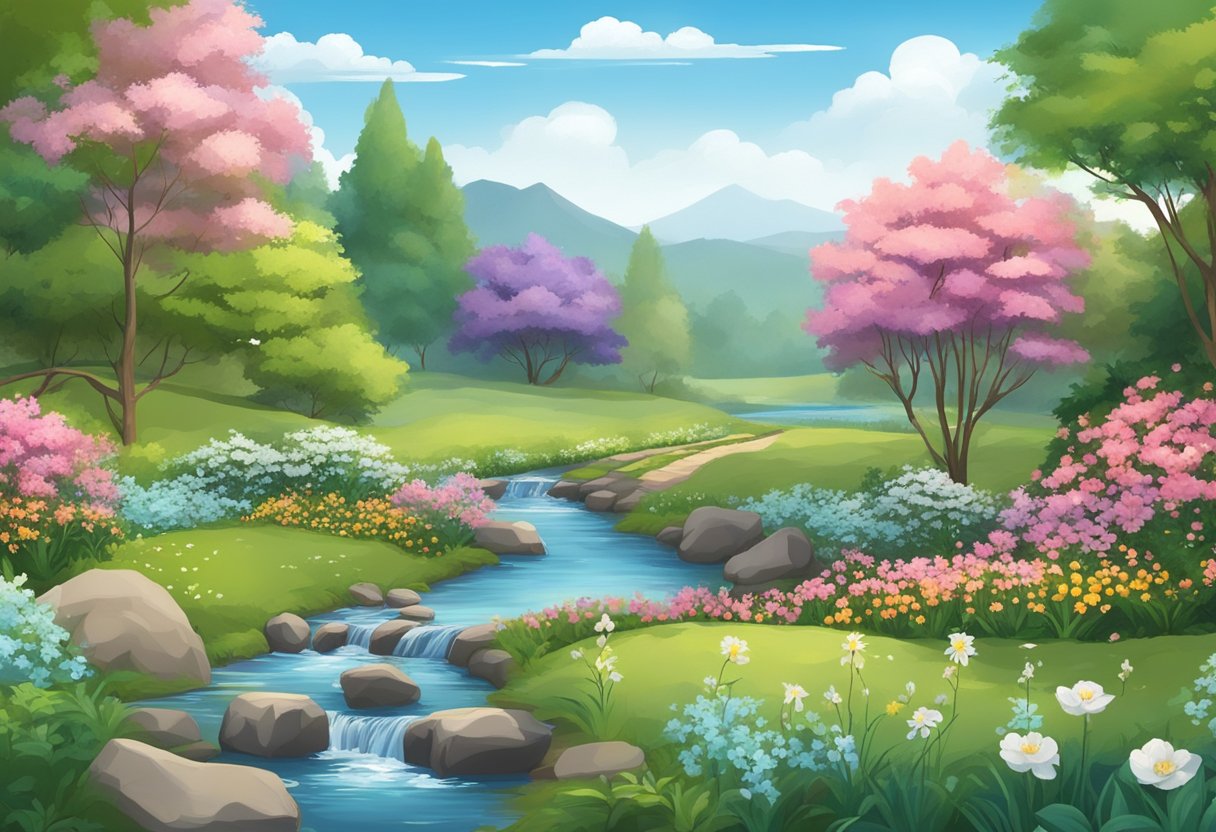 A serene garden with blooming flowers and a gentle stream, surrounded by peaceful nature sounds