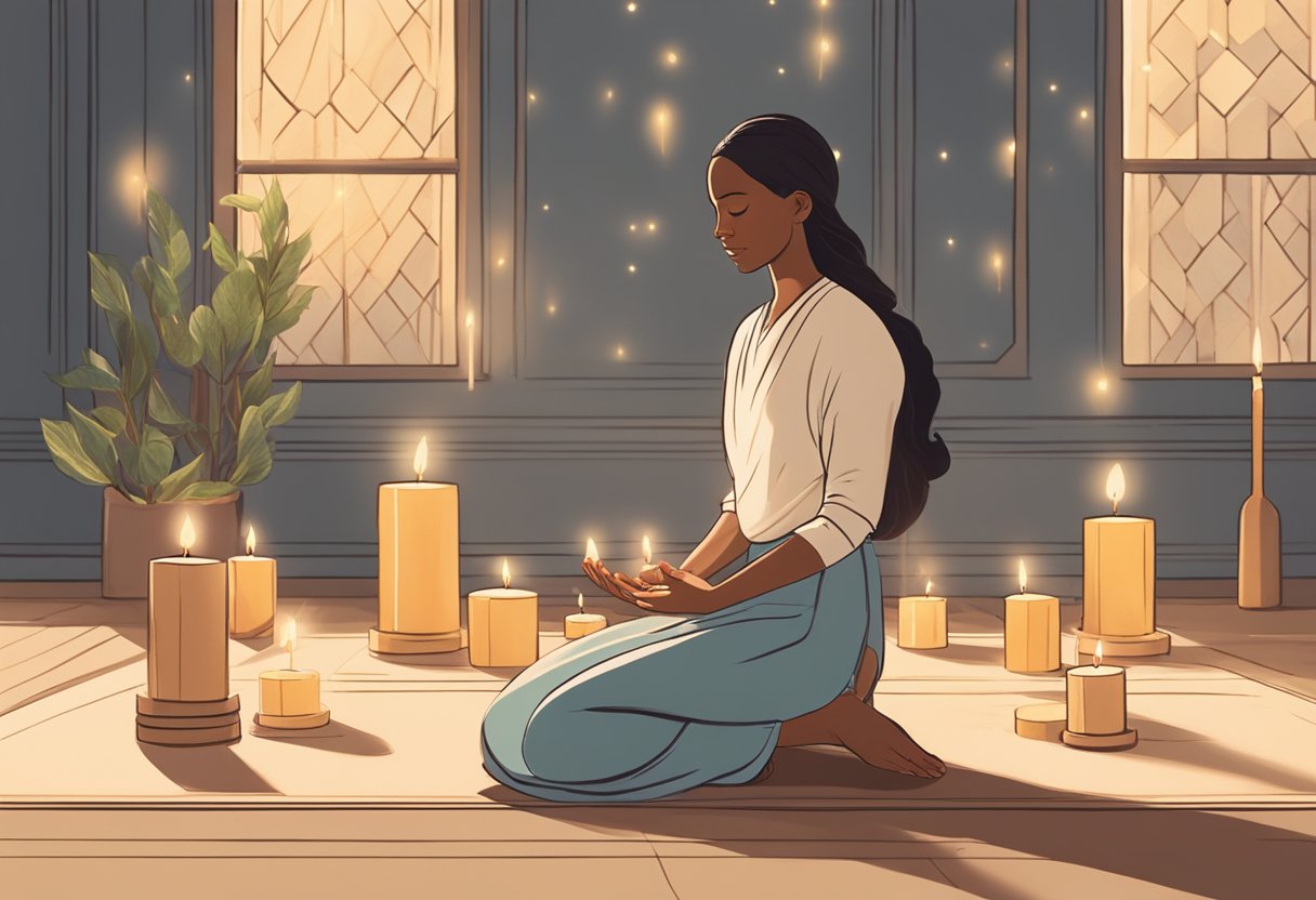 A serene figure kneels in a sunlit room, surrounded by candles and incense. Their hands are folded in prayer as they seek inner healing and emotional wholeness