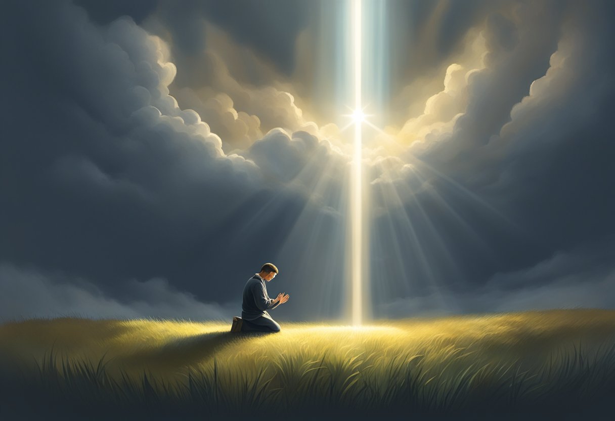 A person kneels in prayer, surrounded by dark clouds. A beam of light breaks through, symbolizing hope and healing