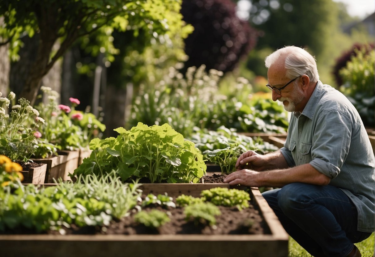 A sunny Irish garden with raised beds, filled with lush green vegetables and blooming flowers. A gardener consults with a local service, discussing soil quality and plant selection