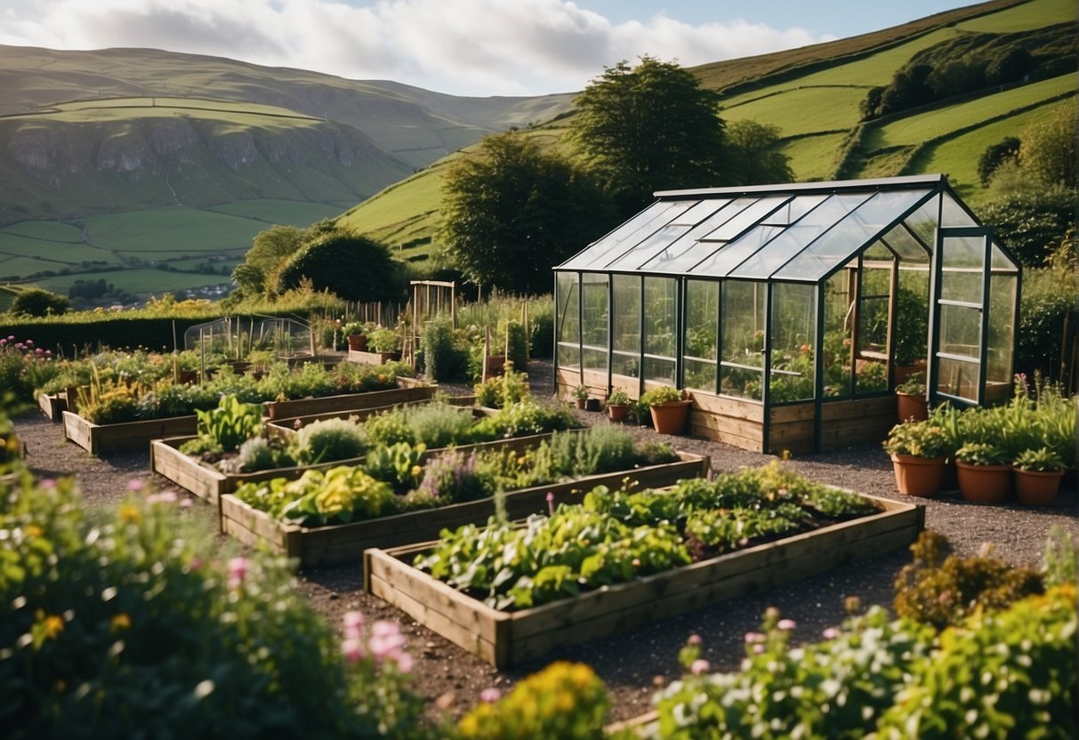 A lush garden with raised beds, trellises, and a small greenhouse set against the backdrop of rolling green hills in Ireland