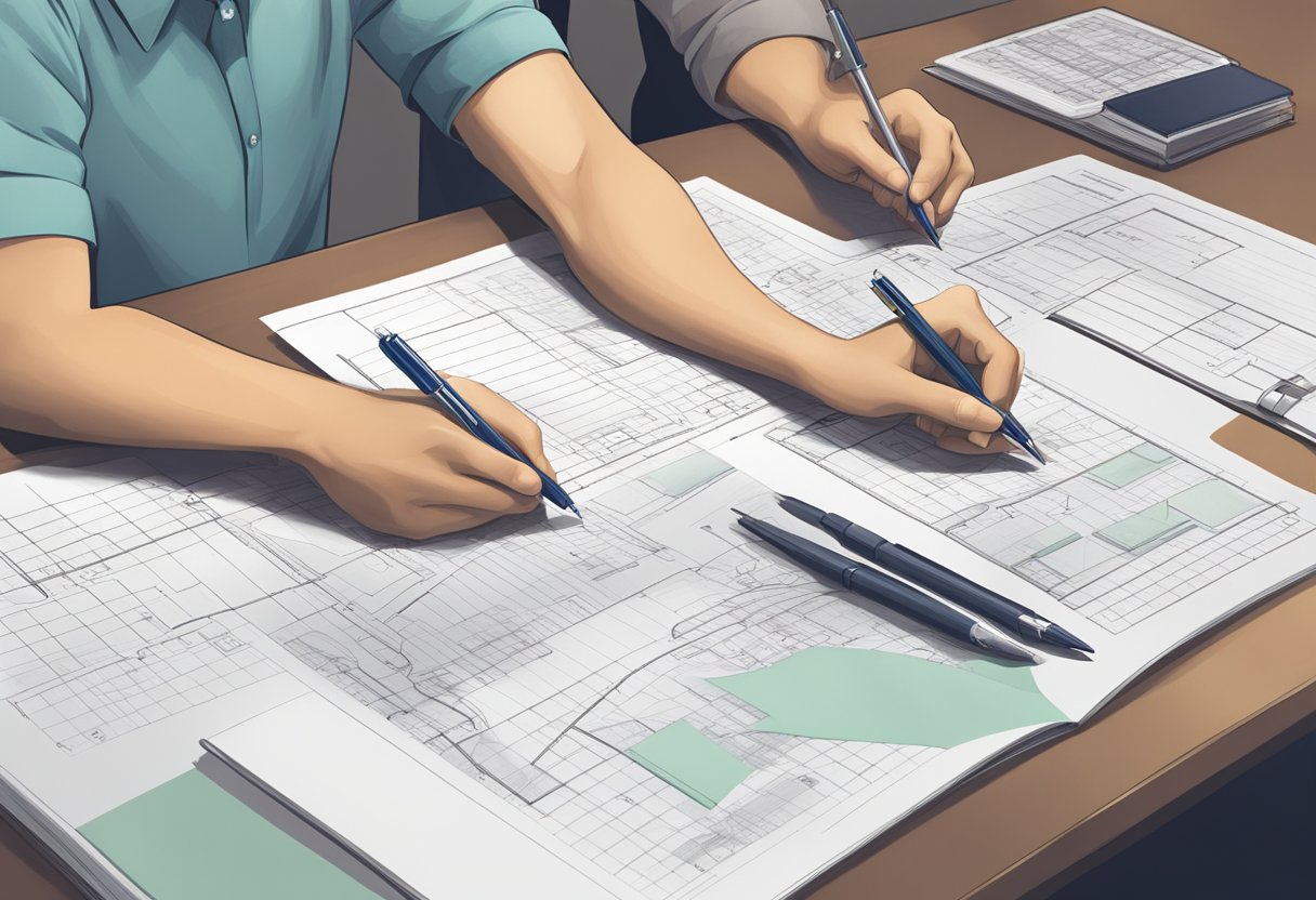 A table with two people sitting across from each other, pointing at a diagram on a piece of paper. There are pens and notebooks on the table