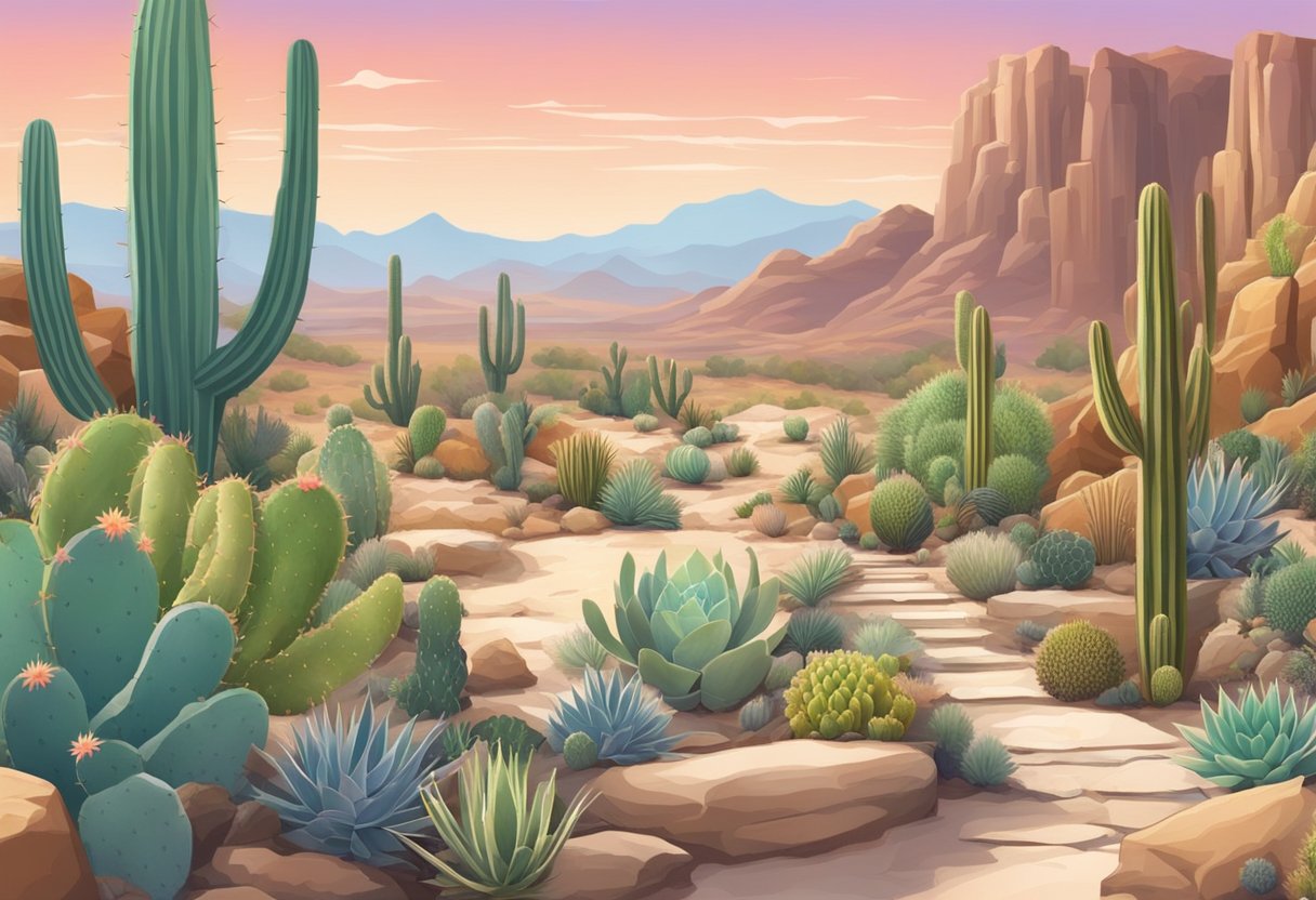 Painted Stone Cactus Garden: A Great Guide to Crafting Your Own Rock Oasis Stone Cactus LearningMole A desert landscape with a variety of cacti and succulents surrounded by painted stone pathways and rock formations
