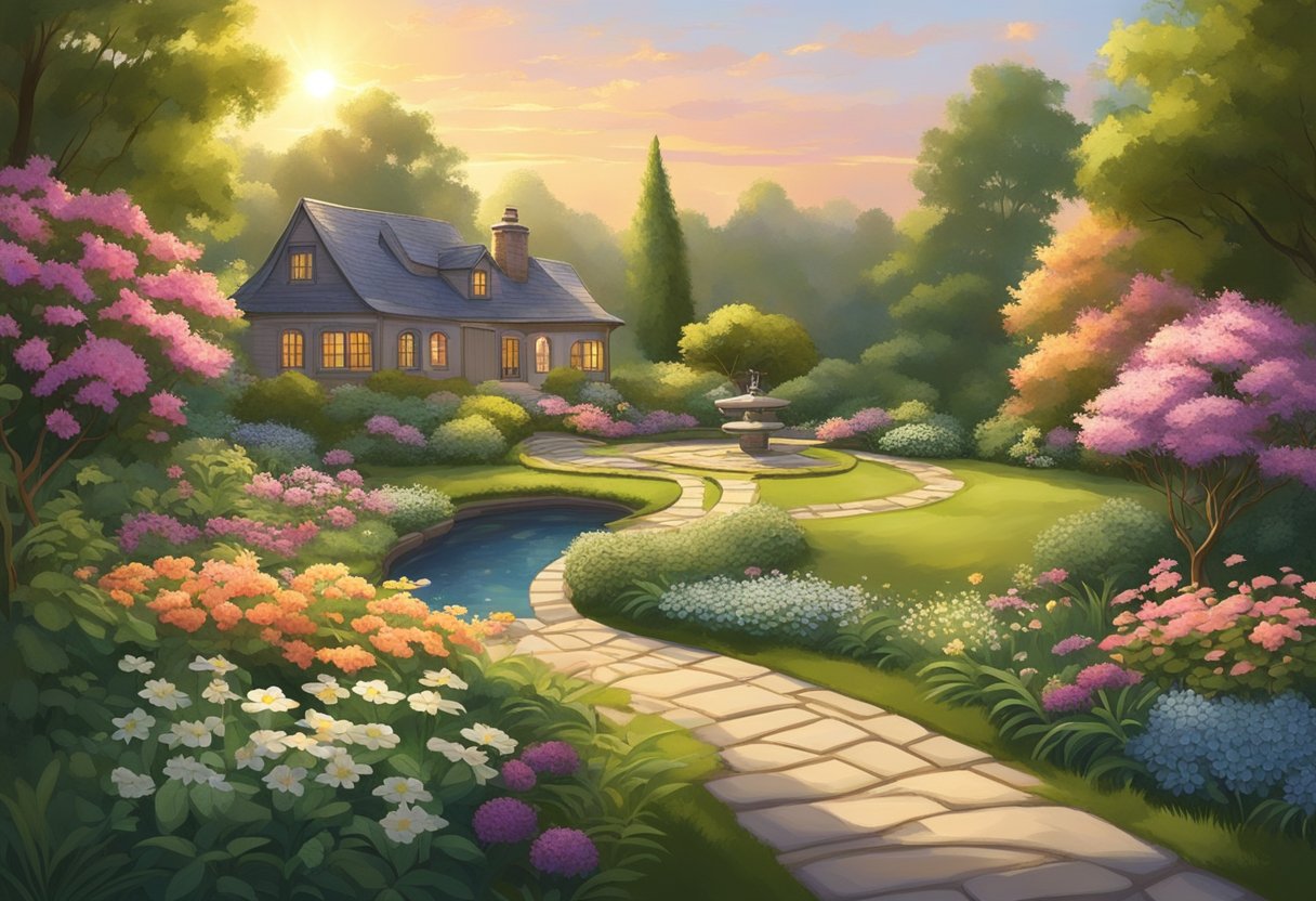A serene garden with a winding path, blooming flowers, and a peaceful pond surrounded by lush greenery. The sun is setting, casting a warm glow over the scene