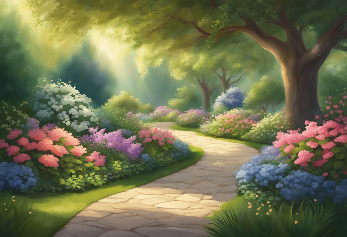A serene garden with a path leading to a radiant light, surrounded by blooming flowers and lush greenery, symbolizing spiritual growth and connection with God