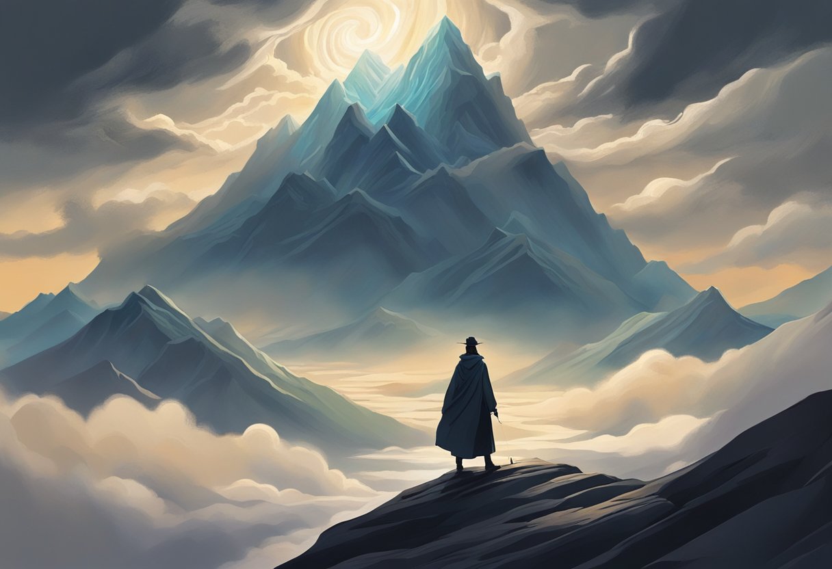 A figure stands atop a mountain, surrounded by swirling winds and dark clouds. Below, a treacherous path winds through a valley, leading towards a distant, radiant light