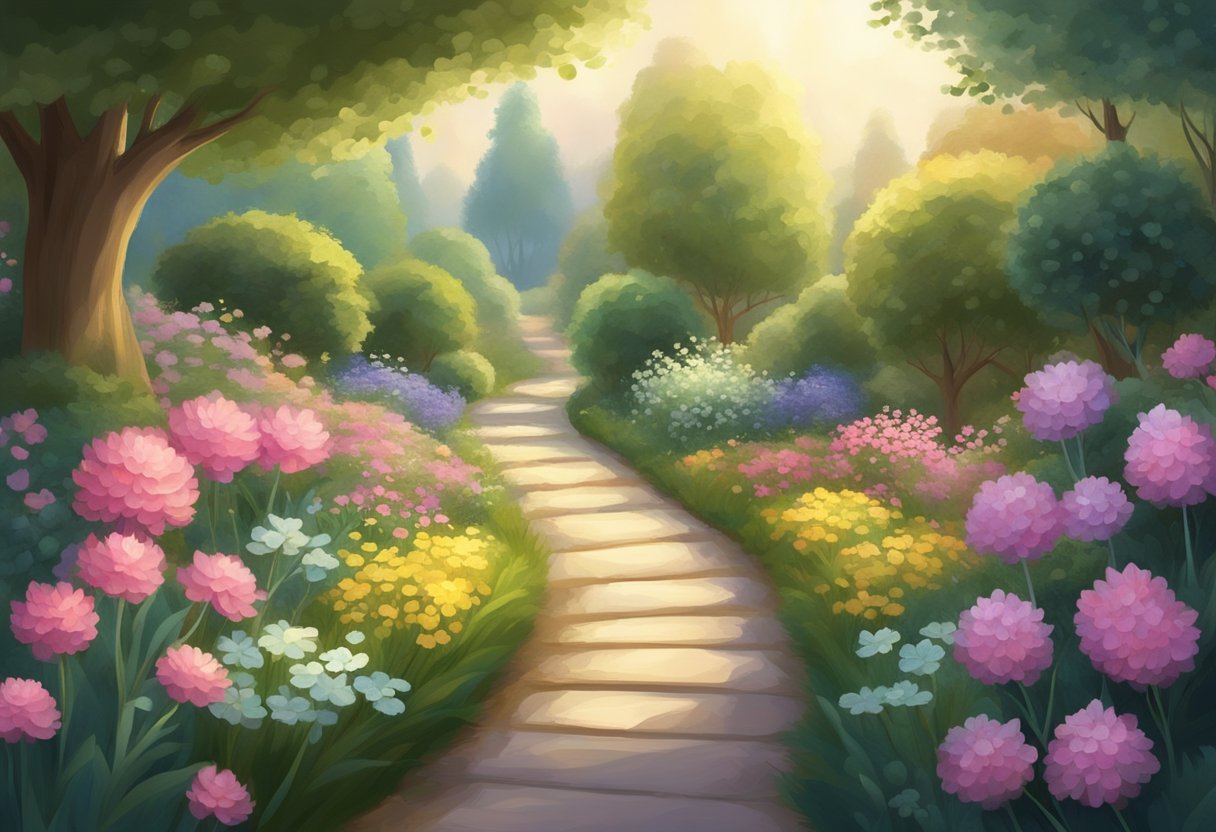 A serene garden with a path leading to a glowing, ethereal light, surrounded by blooming flowers and lush greenery