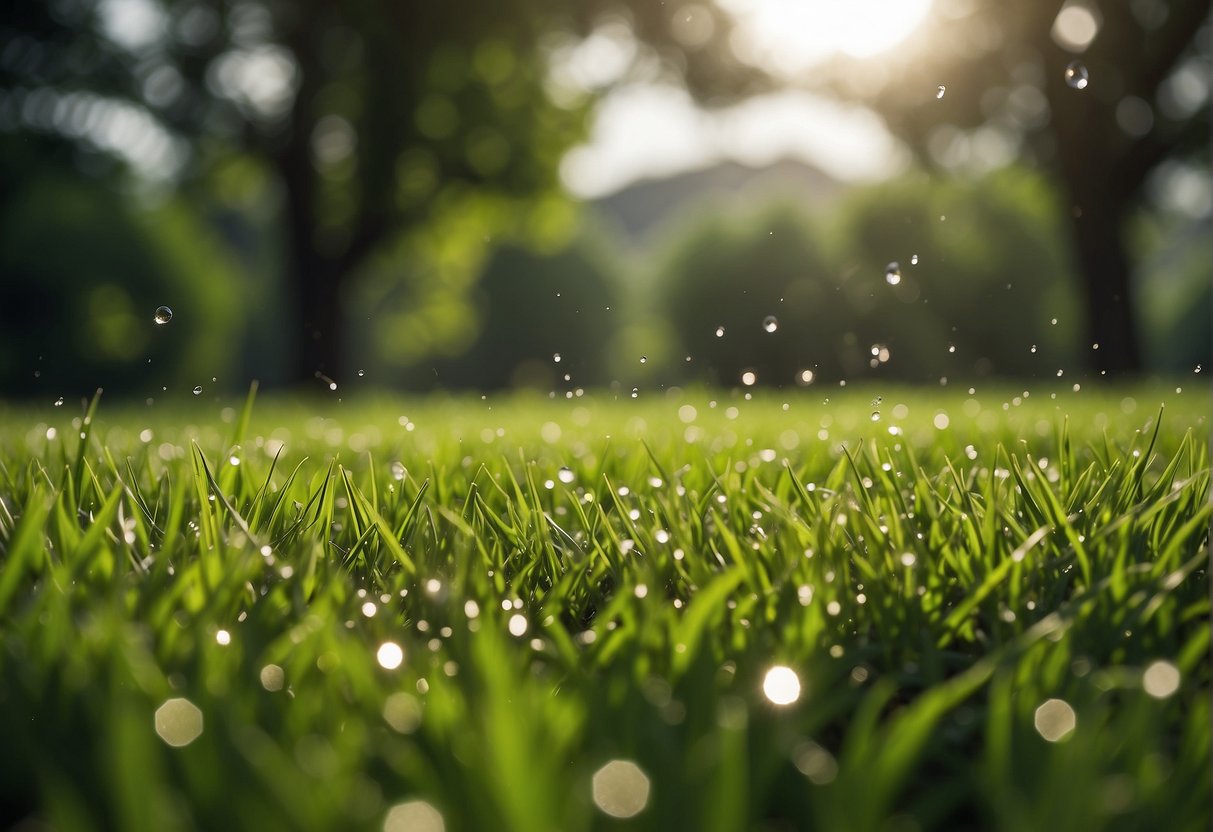 A lush green lawn sits under a cloudy sky, with patches of sunlight breaking through. Raindrops glisten on the grass, while a gentle breeze sways the surrounding trees