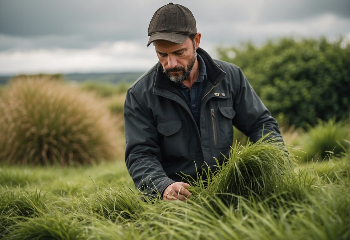 A landscaper examines various grass types, considering Ireland's changing weather