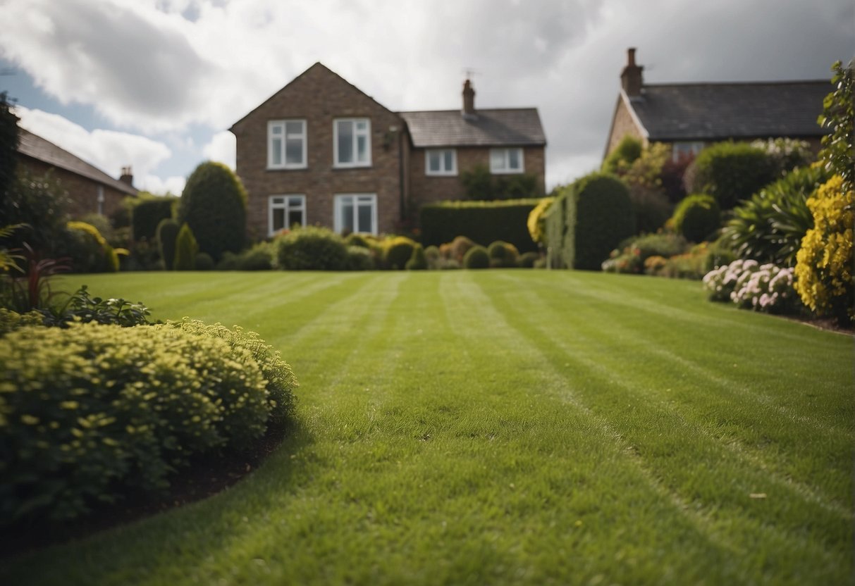 A lush green lawn in Ireland, with varying weather conditions. A lawn care service discussing maintenance with a homeowner