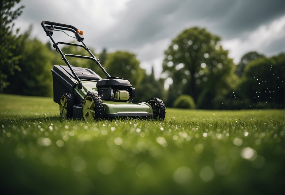 A lawnmower cutting grass in a lush, green yard with a cloudy sky and occasional rain in the background