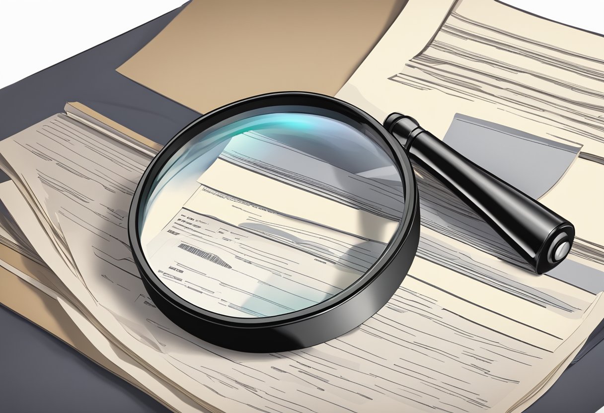 A magnifying glass hovers over a stack of documents, with a scale in the background symbolizing the weighing of evidence