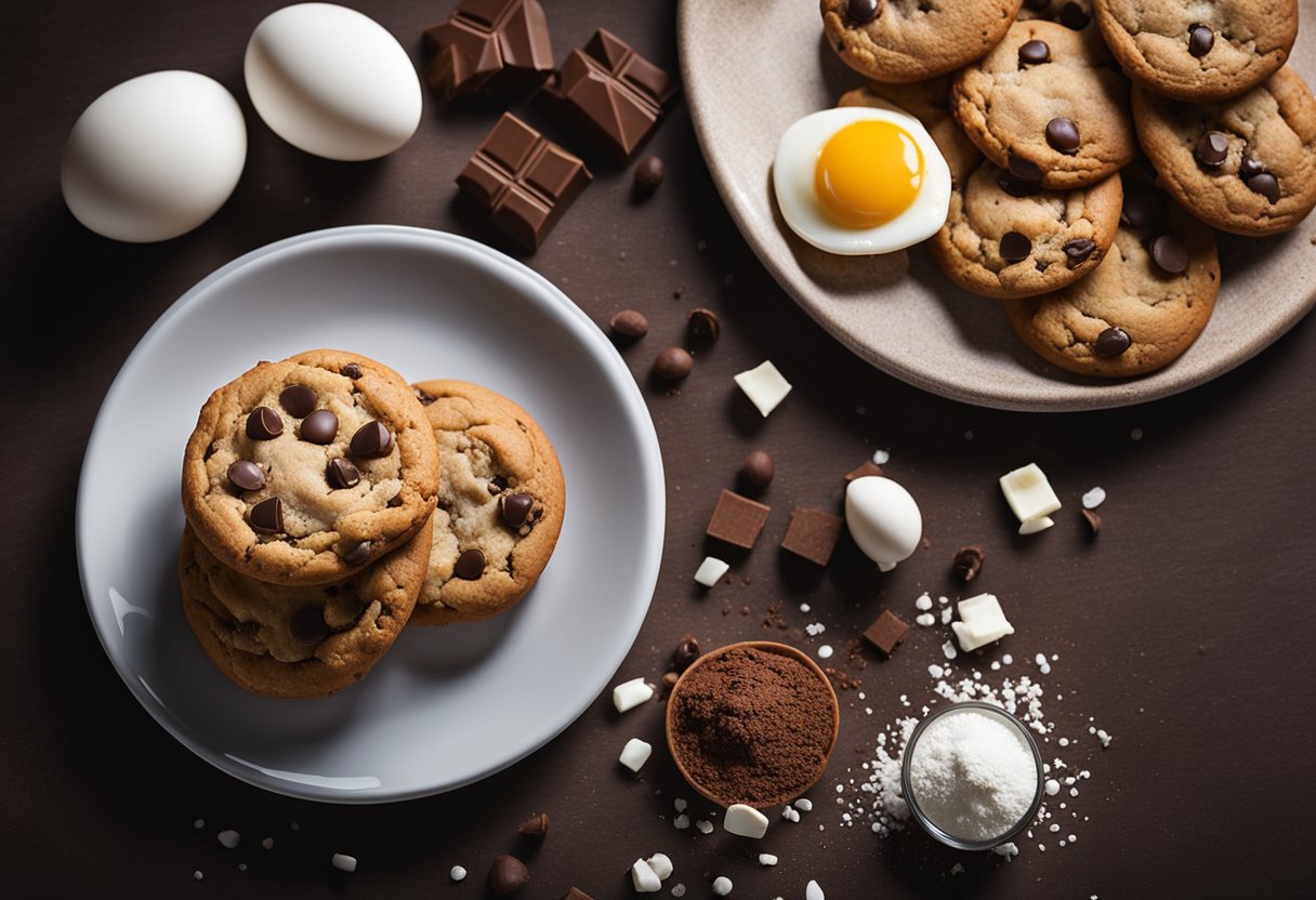 A chocolate chip cookie sits on a plate, surrounded by fresh ingredients like cocoa, flour, and eggs. A nutrition label shows calorie and sugar content