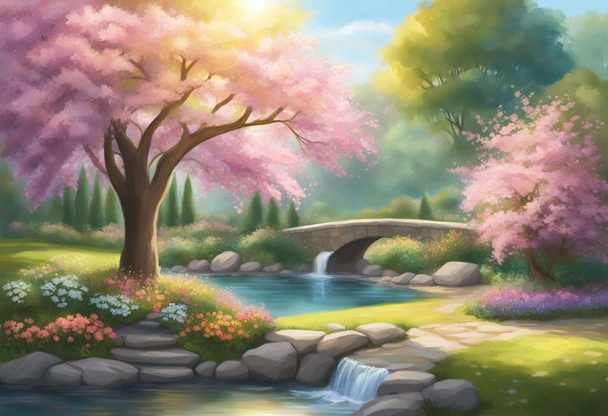 A serene garden with a blooming tree, a gentle stream, and a radiant sun shining down, symbolizing divine blessings on a marriage