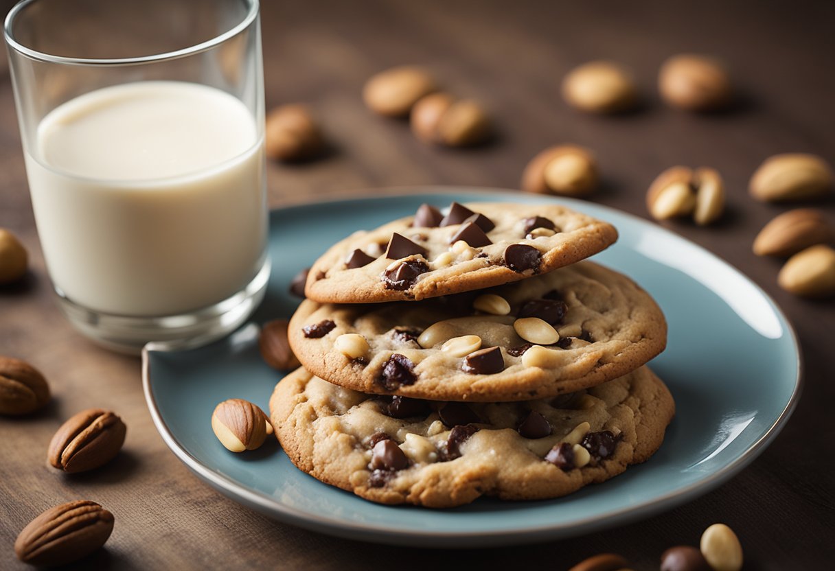 A chocolate chip cookie sits on a plate, surrounded by a glass of milk and a handful of nuts. Nutritional information is displayed next to it
