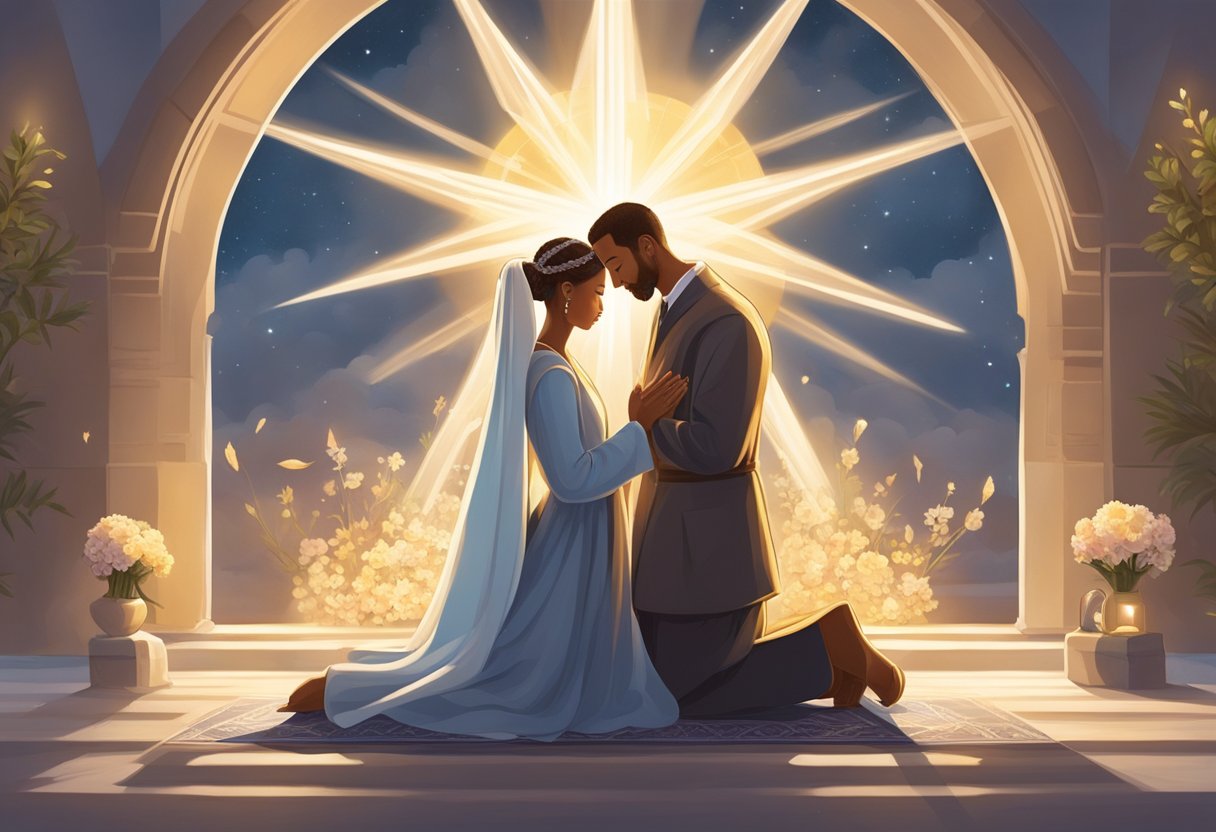 A couple kneels in prayer, surrounded by symbols of love and faith. A beam of light shines down on them, representing God's blessings on their marriage