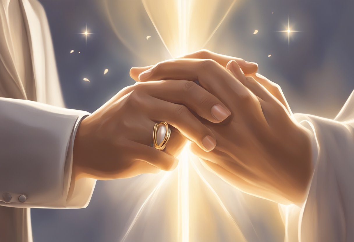 A couple's hands clasped together in prayer, with a wedding ring visible, surrounded by a soft glow of light symbolizing God's blessings on their marriage