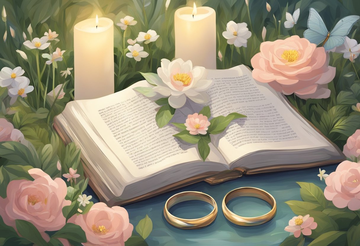 A serene garden with blooming flowers, a peaceful pond, and a gentle breeze. A couple's wedding rings lay on a Bible, surrounded by candles and a cross