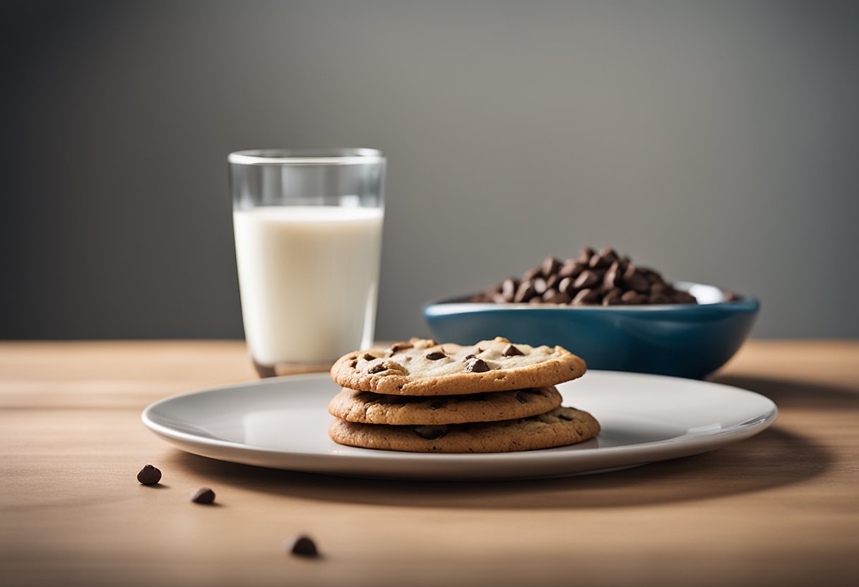 A plate with a single chocolate chip cookie next to a measuring cup displaying the recommended serving size