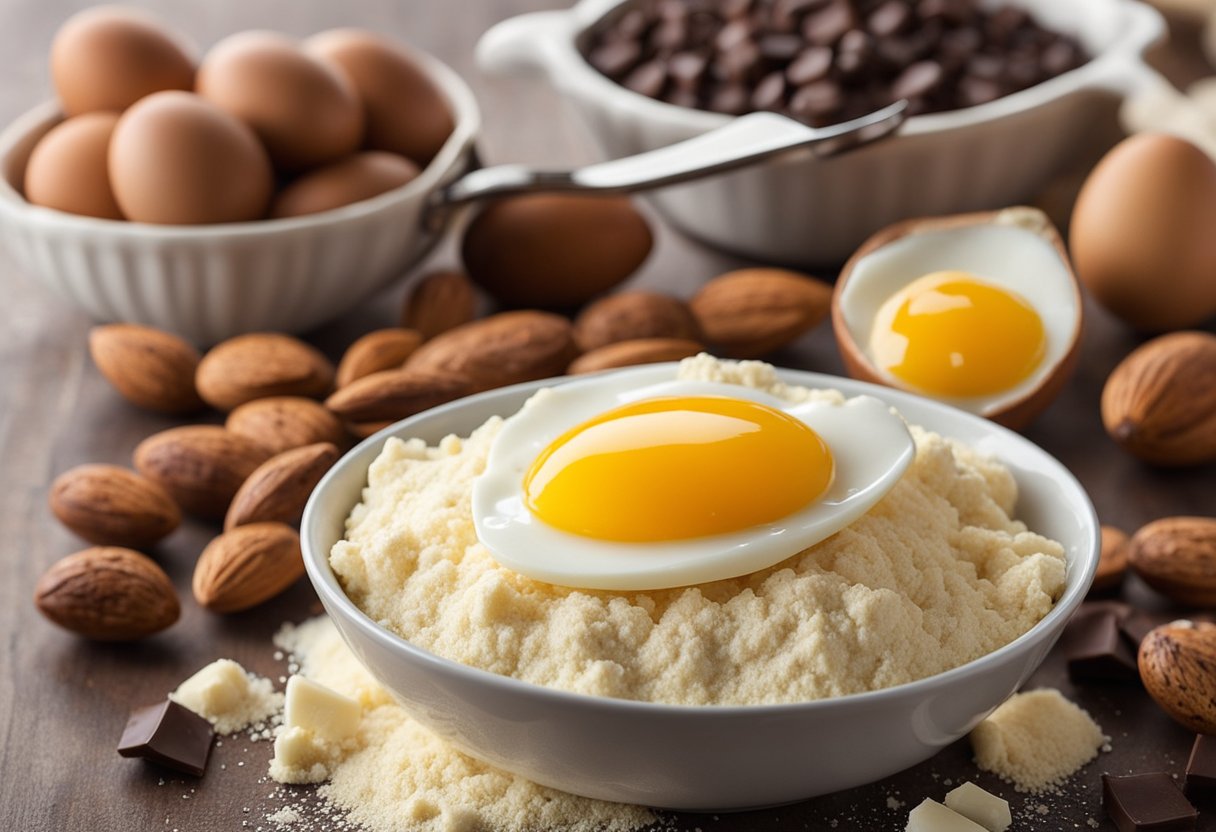 A mixing bowl with almond flour, sugar-free chocolate chips, and eggs. A spoon mixing the ingredients together. A baking sheet lined with parchment paper