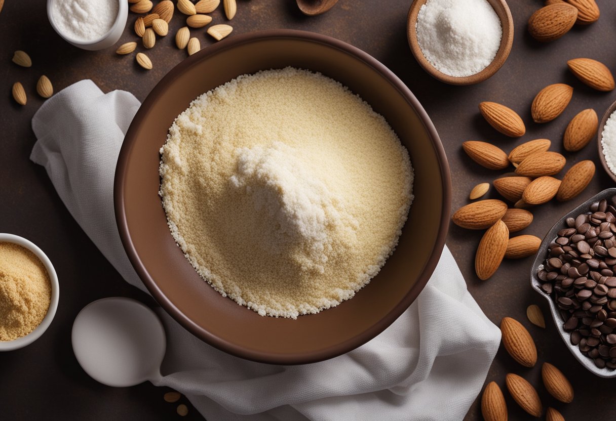 A mixing bowl with almond flour, sweetener, and chocolate chips. A spoon mixing the ingredients together. A baking sheet lined with parchment paper