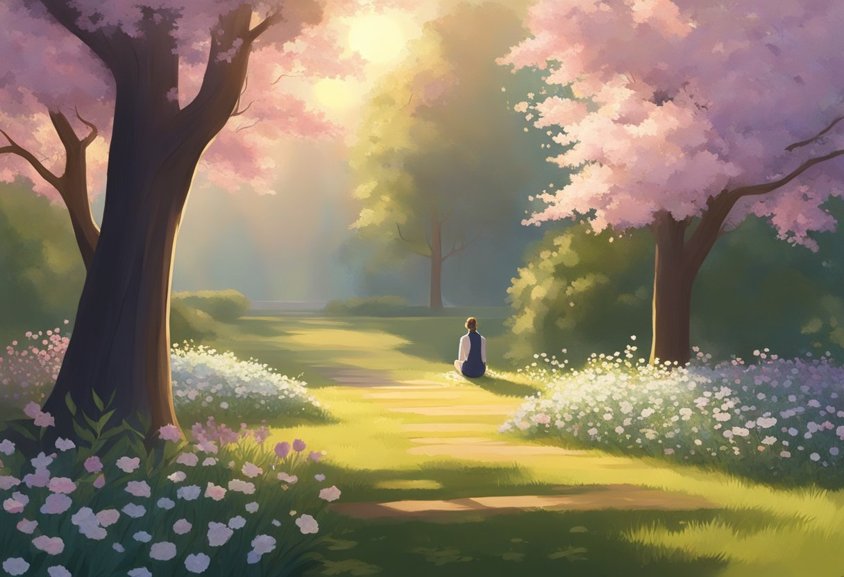 A solitary figure kneels in a peaceful garden, surrounded by blooming flowers and tall trees. The sun casts a warm glow over the scene, creating a serene and contemplative atmosphere