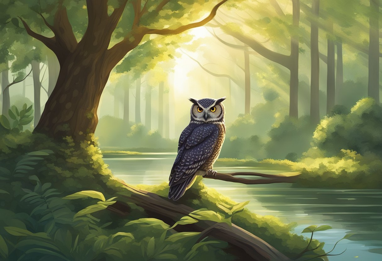 A serene forest with sunlight filtering through the trees, illuminating a path leading to a tranquil pond. A wise owl perched on a branch, symbolizing wisdom and discernment