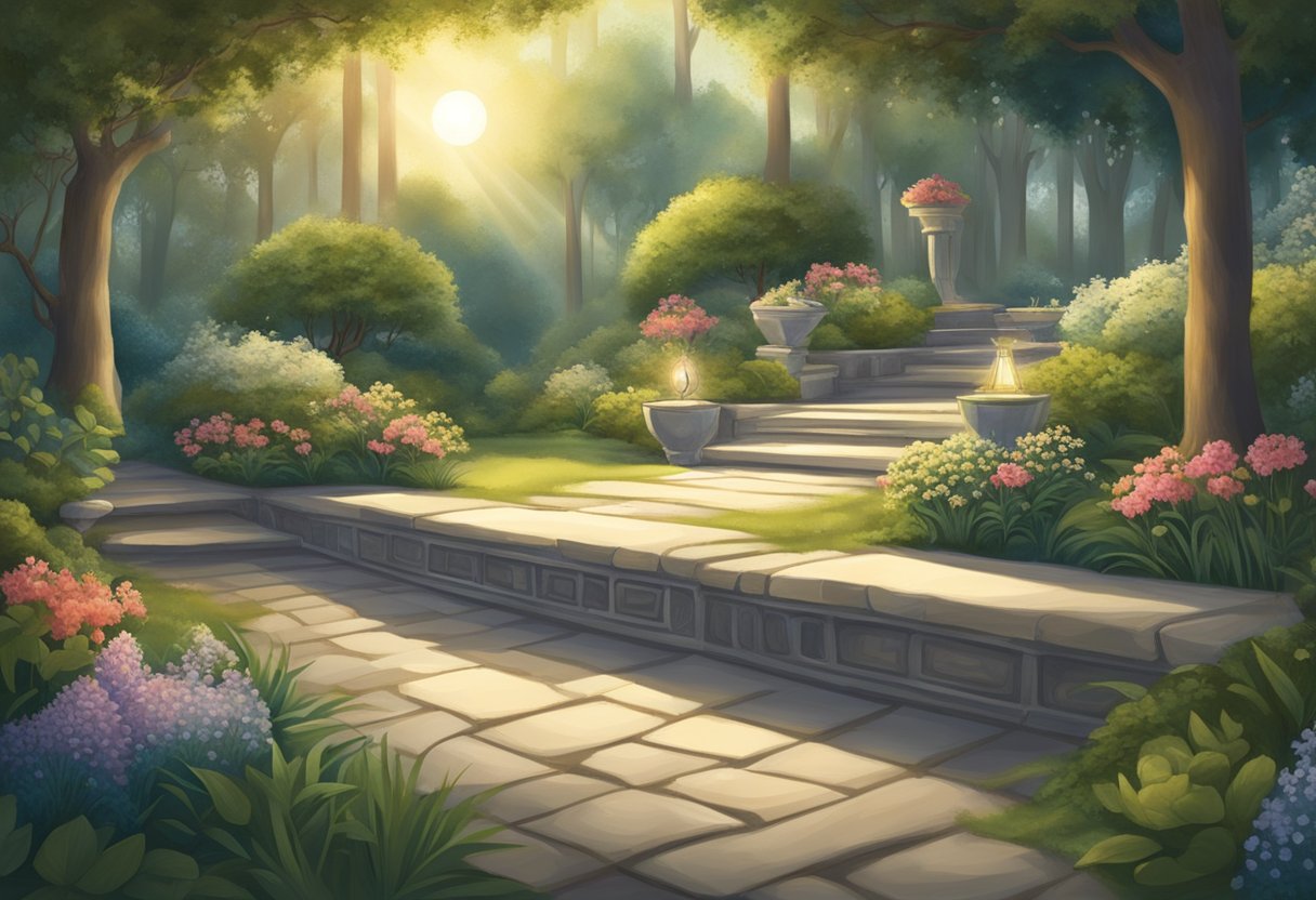 A serene garden with ancient scrolls and a glowing light, symbolizing divine wisdom and discernment
