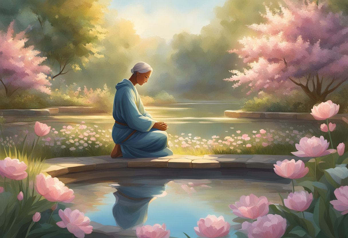 A figure kneels in a tranquil garden, surrounded by blooming flowers and a serene pond. The sun casts a warm glow as the figure prays for wisdom and discernment