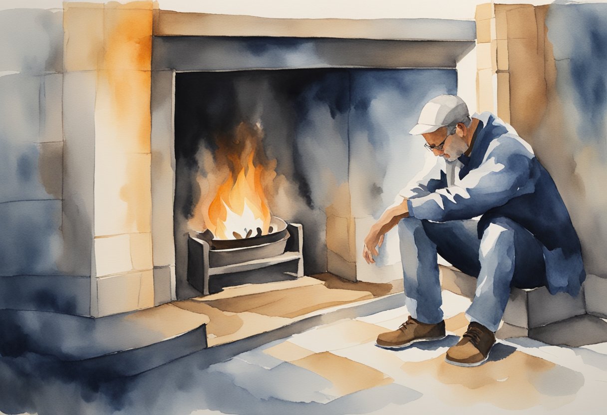 A man sits by a fire, then abruptly moves to a cold, dark corner. His actions create a pattern of inconsistency and confusion